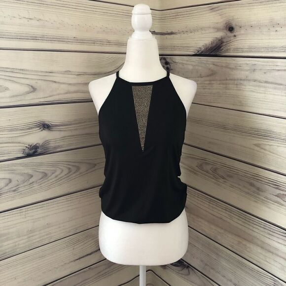 Express Tops - Express Black Rhinestone Sheer Panel Tank